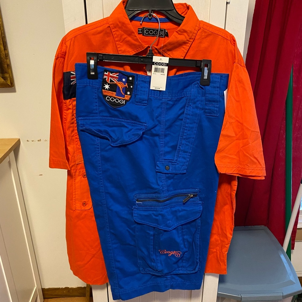 Coogi Australia Orange Button-Up Shirt Size XL and Blue shorts size 38 NWT